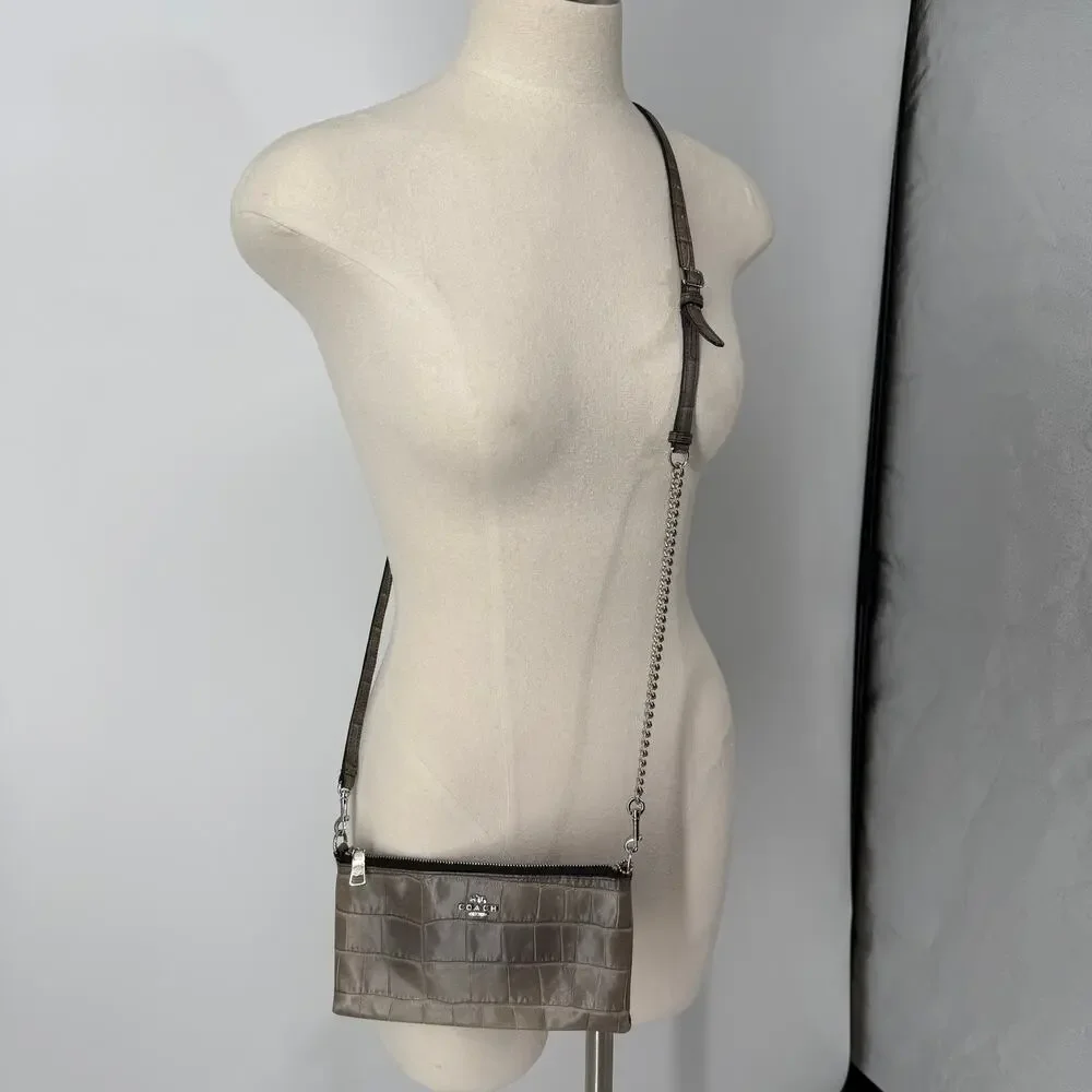 Coach Kylie Croc Embossed Leather Zip Top Mini Bag Clutch Travel Crossbody